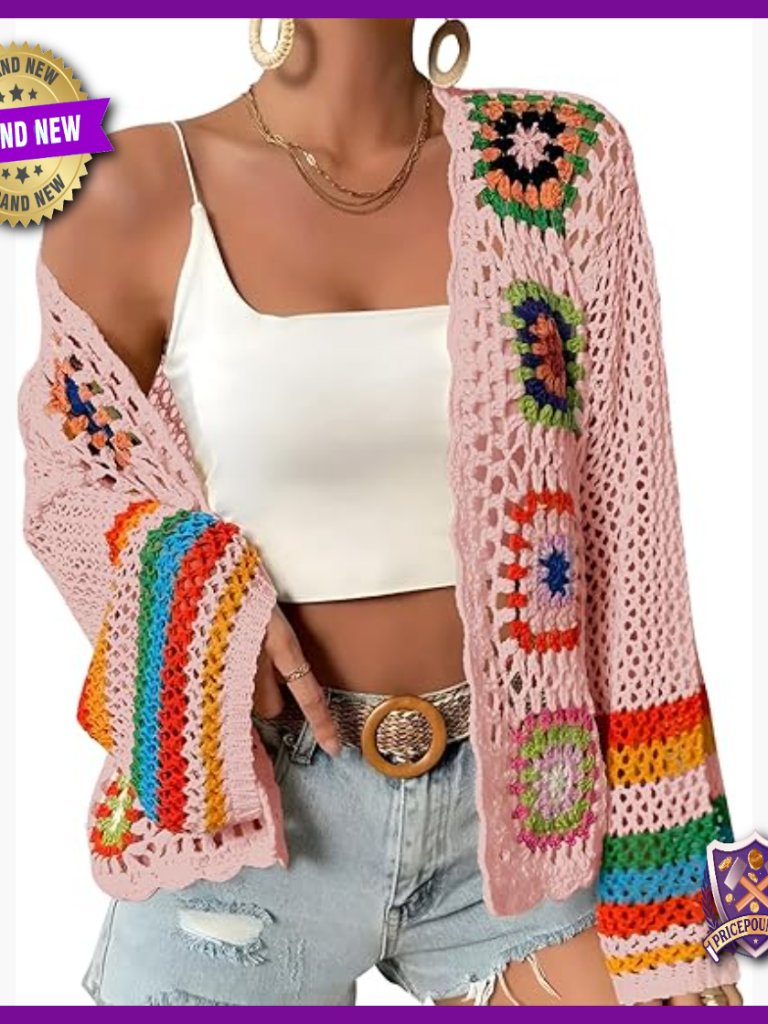 Crochet Cardigan Boho Hollow Out Sweater Open Front Long Sleeve